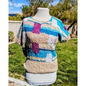 VTG 1980s Jennifer Reed Med Linen/Cotton Hand Knit Sweater S/S Pullover Top EUC
